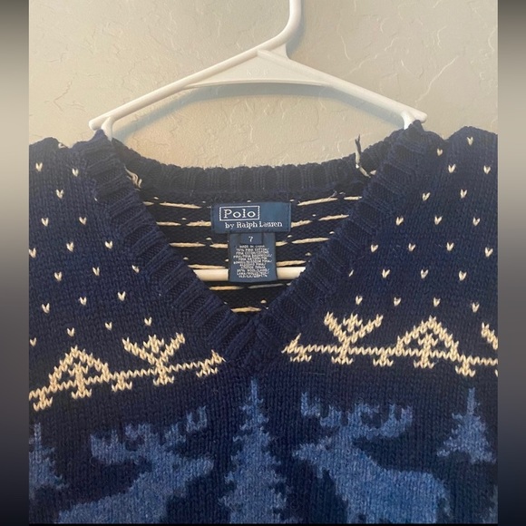 POLO Ralph Lauren boys navy Pima cotton and wool reindeer sweater size 7 - Picture 2 of 9